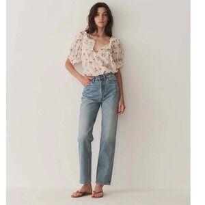 Doen Womens Farley Sweet Abelia Top Floral Cotton Puff Sleeve Blouse Cream Red S